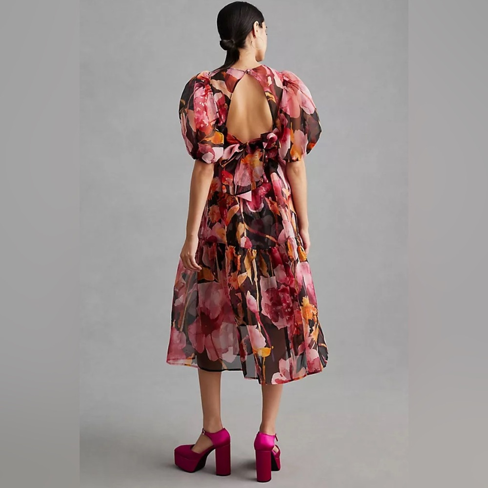By Anthropologie Puff-Sleeve Organza Midi Dress